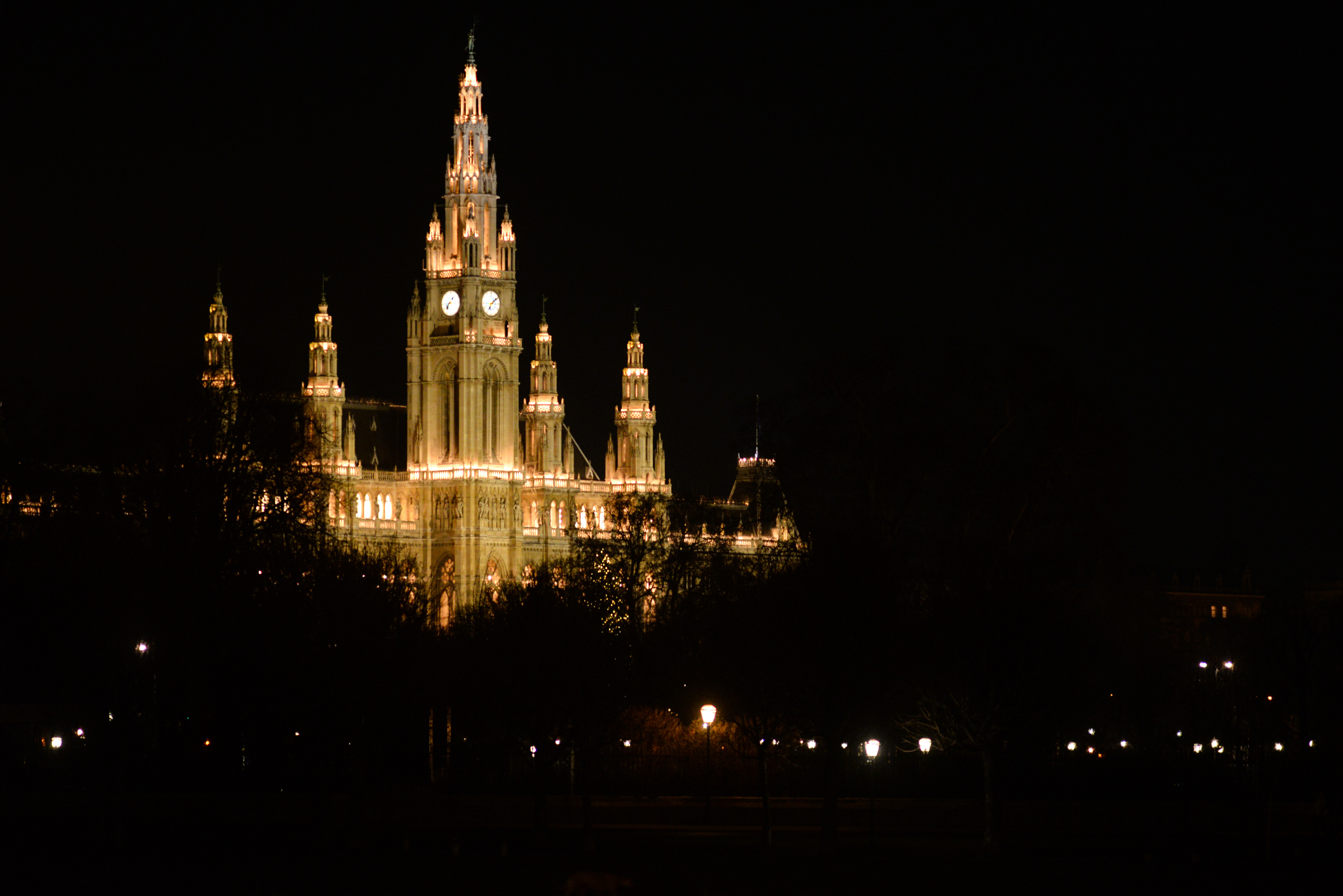 Clock tower of the Wien Rathaus (City Hall) at night. Austria, C